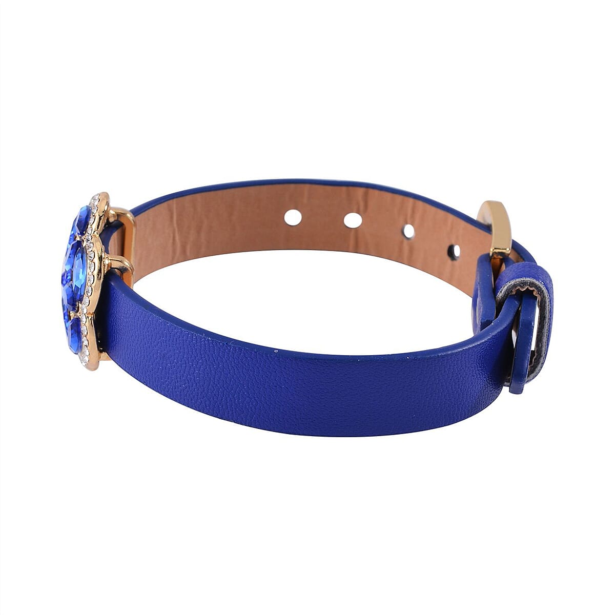 Sapphire Blue Color and White Austrian Crystal, Faux Leather Floral Bracelet (6-8In), Earrings, Ring (Size 10.0) and Pendant Necklace 20-22 Inches In Goldtone image number 4