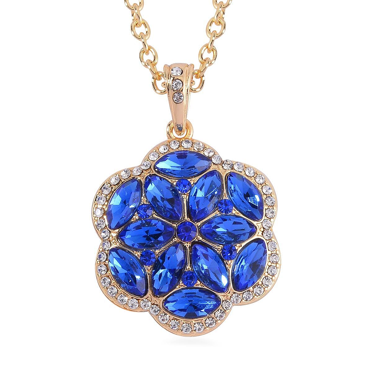 Sapphire Blue Color and White Austrian Crystal, Faux Leather Floral Bracelet (6-8In), Earrings, Ring (Size 10.0) and Pendant Necklace 20-22 Inches In Goldtone image number 5