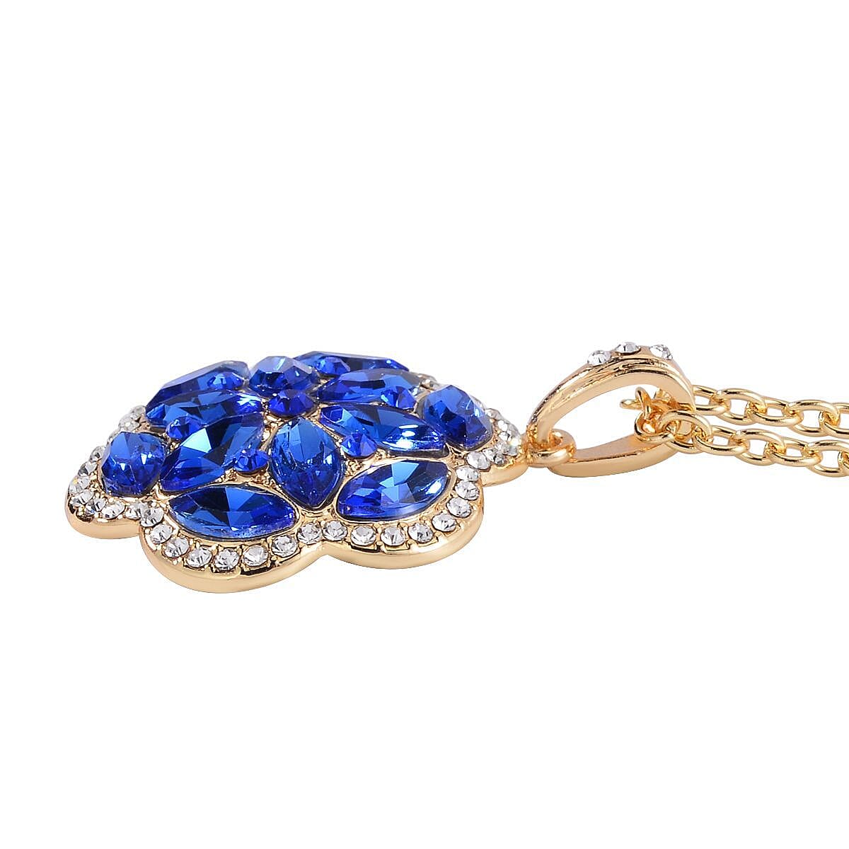 Sapphire Blue Color and White Austrian Crystal, Faux Leather Floral Bracelet (6-8In), Earrings, Ring (Size 10.0) and Pendant Necklace 20-22 Inches In Goldtone image number 6