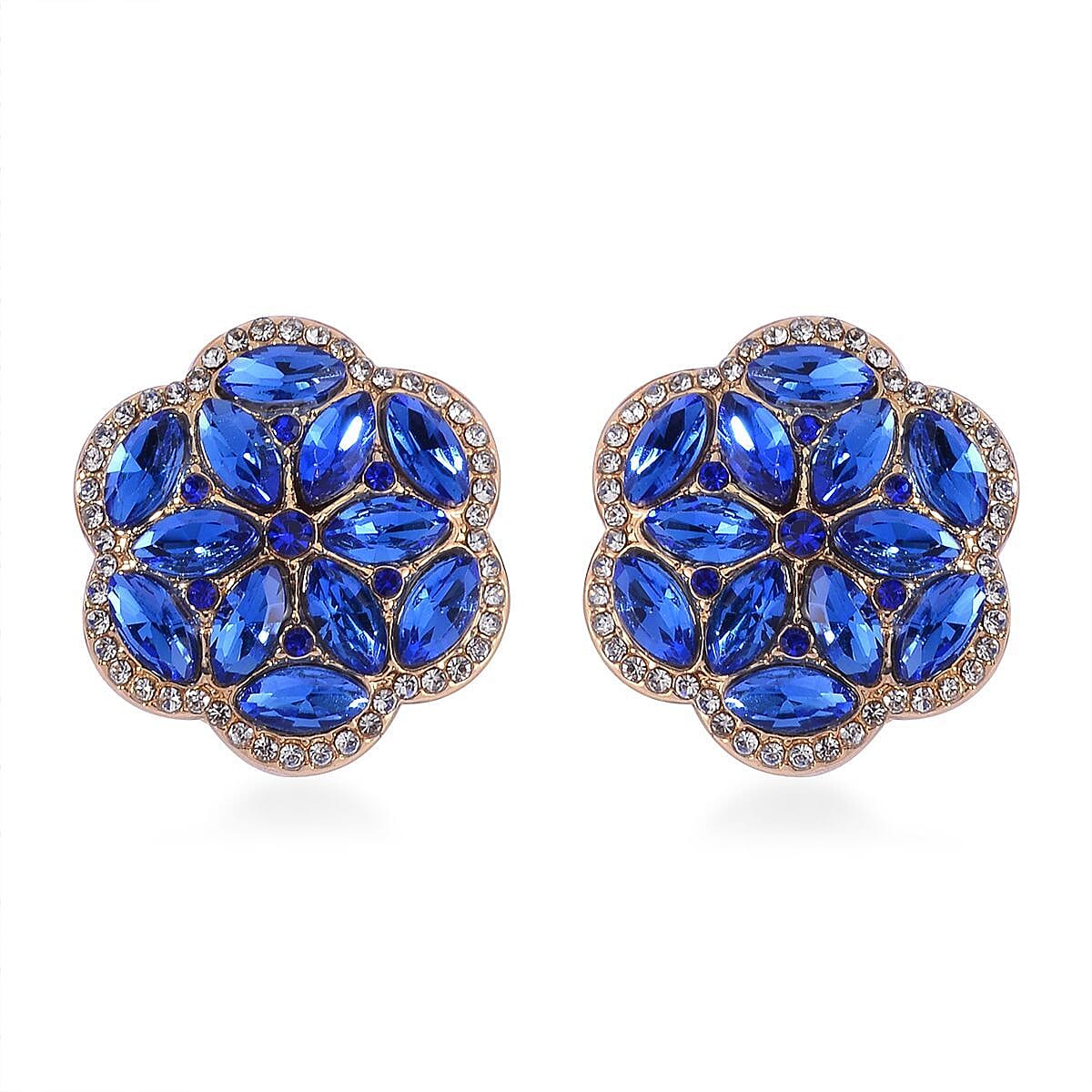 Sapphire Blue Color and White Austrian Crystal, Faux Leather Floral Bracelet (6-8In), Earrings, Ring (Size 10.0) and Pendant Necklace 20-22 Inches In Goldtone image number 7