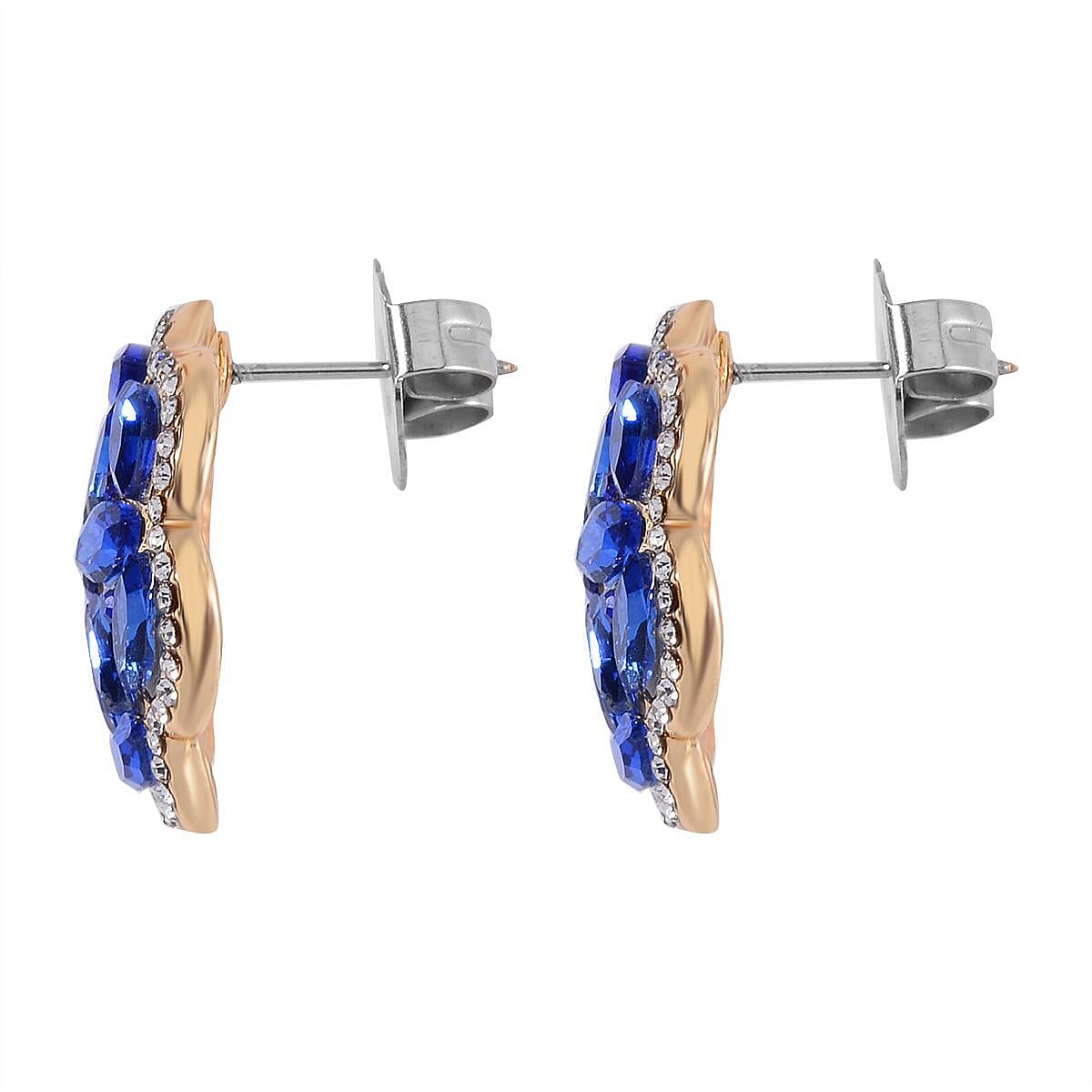 Sapphire Blue Color and White Austrian Crystal, Faux Leather Floral Bracelet (6-8In), Earrings, Ring (Size 10.0) and Pendant Necklace 20-22 Inches In Goldtone image number 8