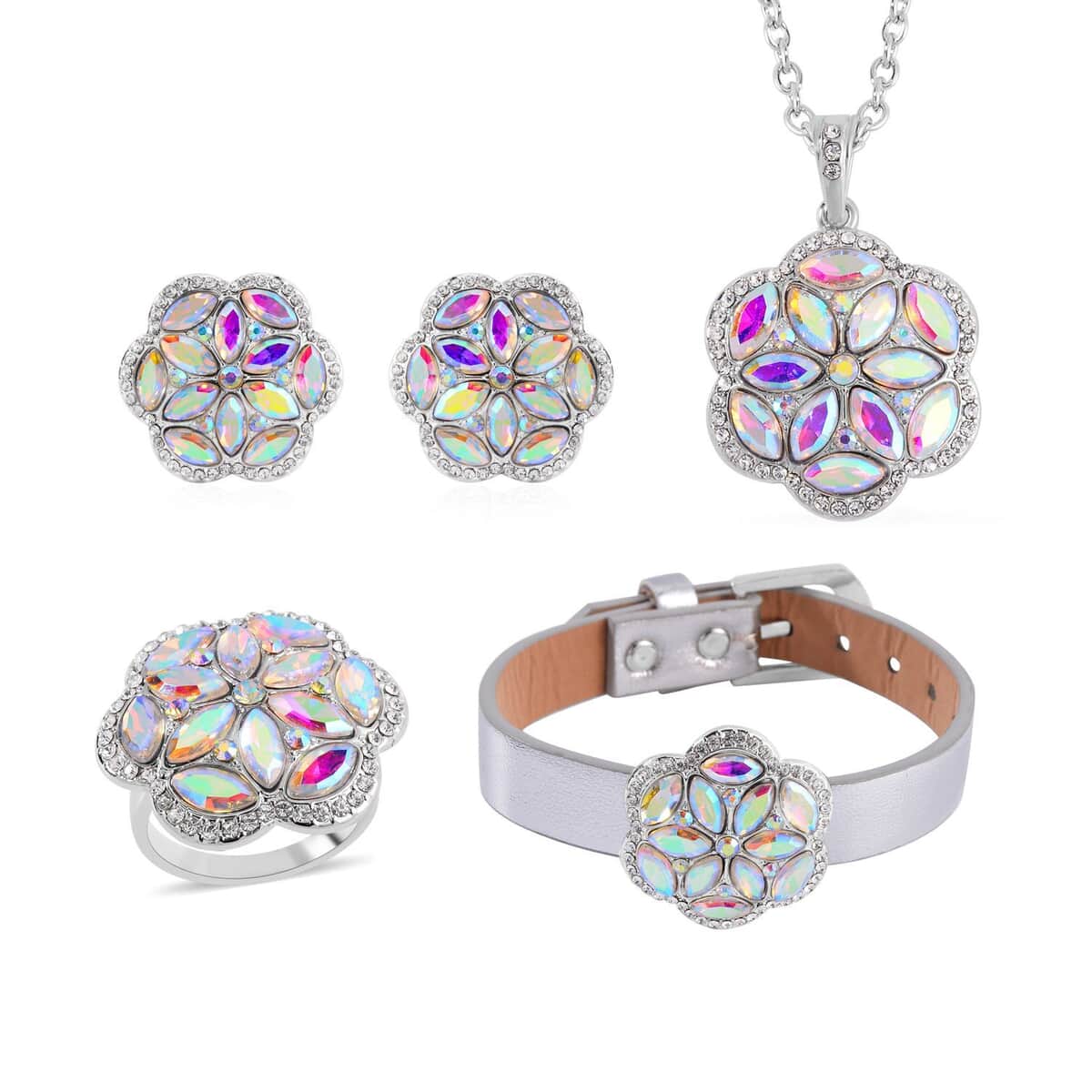 Aurora Borealis and White Austrian Crystal, Faux Leather Floral Bracelet (6-8In), Earrings, Ring (Size 7.0) and Pendant Necklace 20-22 Inches In Silvertone image number 0