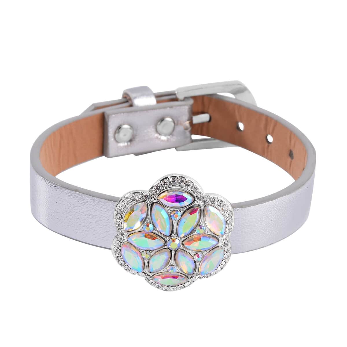 Aurora Borealis and White Austrian Crystal, Faux Leather Floral Bracelet (6-8In), Earrings, Ring (Size 7.0) and Pendant Necklace 20-22 Inches In Silvertone image number 3