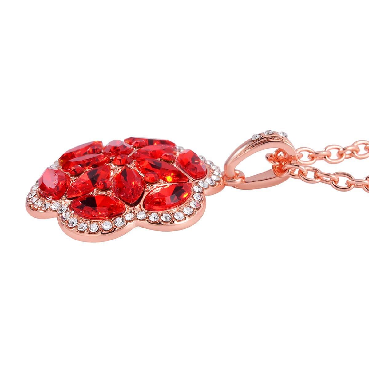 Red and White Austrian Crystal, Faux Leather Floral Bracelet (6-8In), Earrings, Ring (Size 6.0) and Pendant Necklace 20-22 Inches In Rosetone image number 6