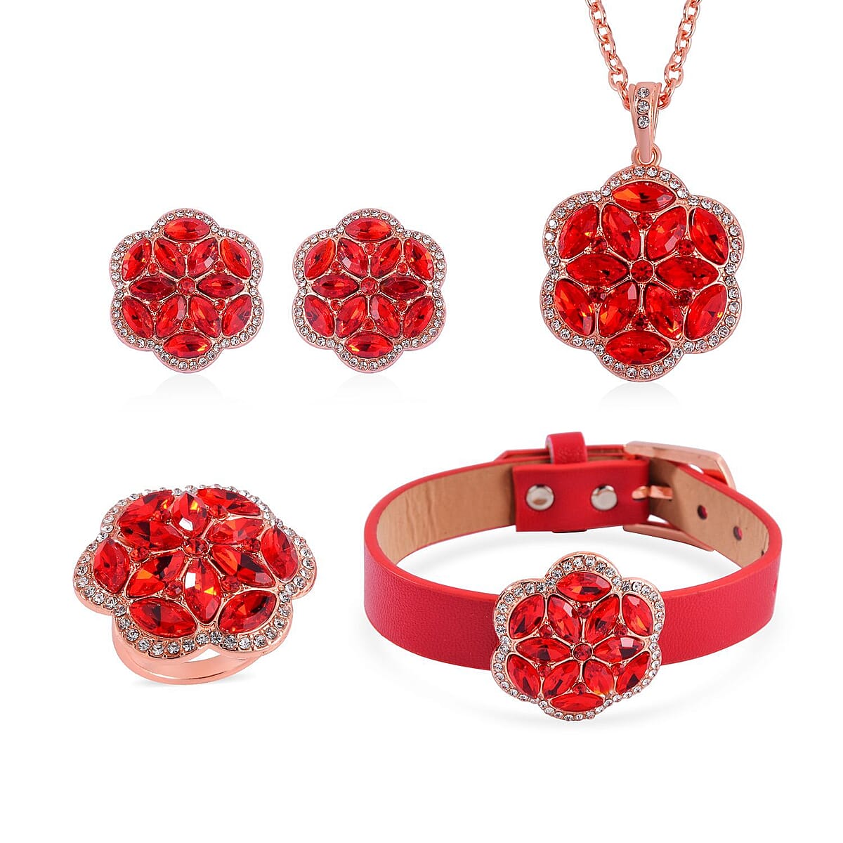 Red and White Austrian Crystal, Faux Leather Floral Bracelet (6-8In), Earrings, Ring (Size 9.0) and Pendant Necklace 20-22 Inches In Rosetone image number 0