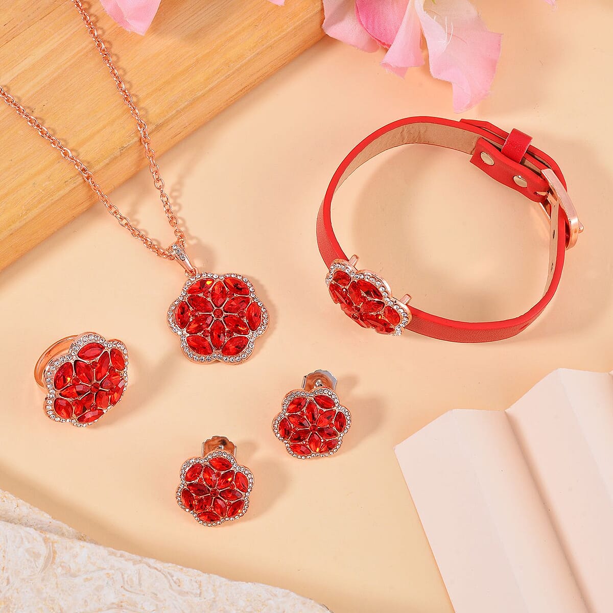 Red and White Austrian Crystal, Faux Leather Floral Bracelet (6-8In), Earrings, Ring (Size 9.0) and Pendant Necklace 20-22 Inches In Rosetone image number 1