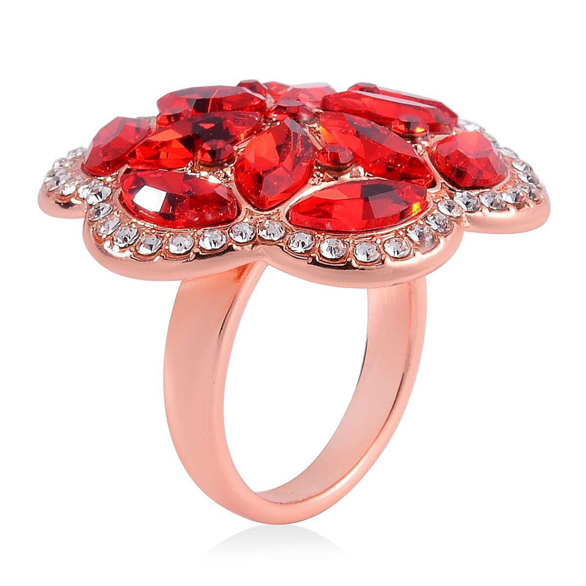 Red and White Austrian Crystal, Faux Leather Floral Bracelet (6-8In), Earrings, Ring (Size 9.0) and Pendant Necklace 20-22 Inches In Rosetone image number 2