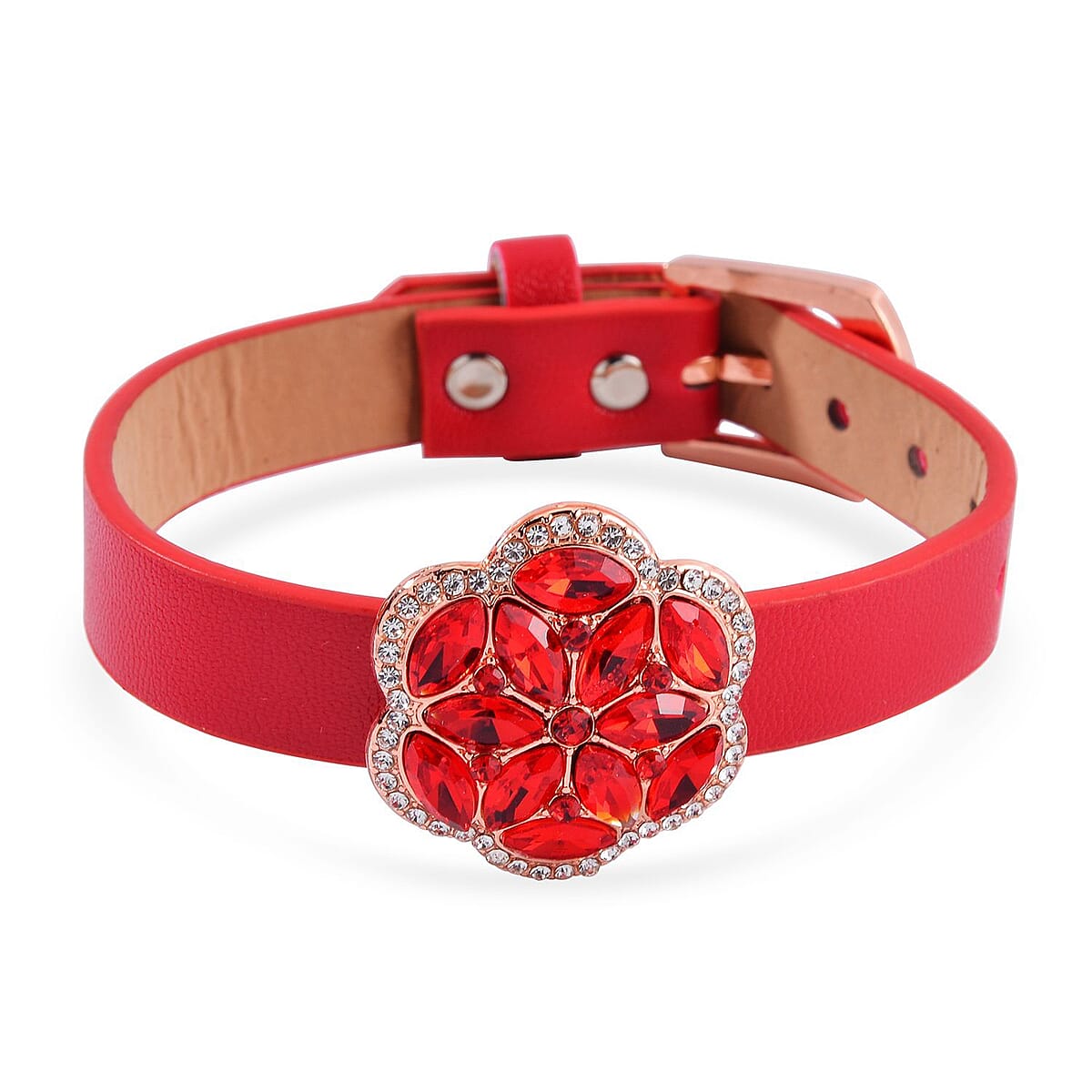 Red and White Austrian Crystal, Faux Leather Floral Bracelet (6-8In), Earrings, Ring (Size 9.0) and Pendant Necklace 20-22 Inches In Rosetone image number 3