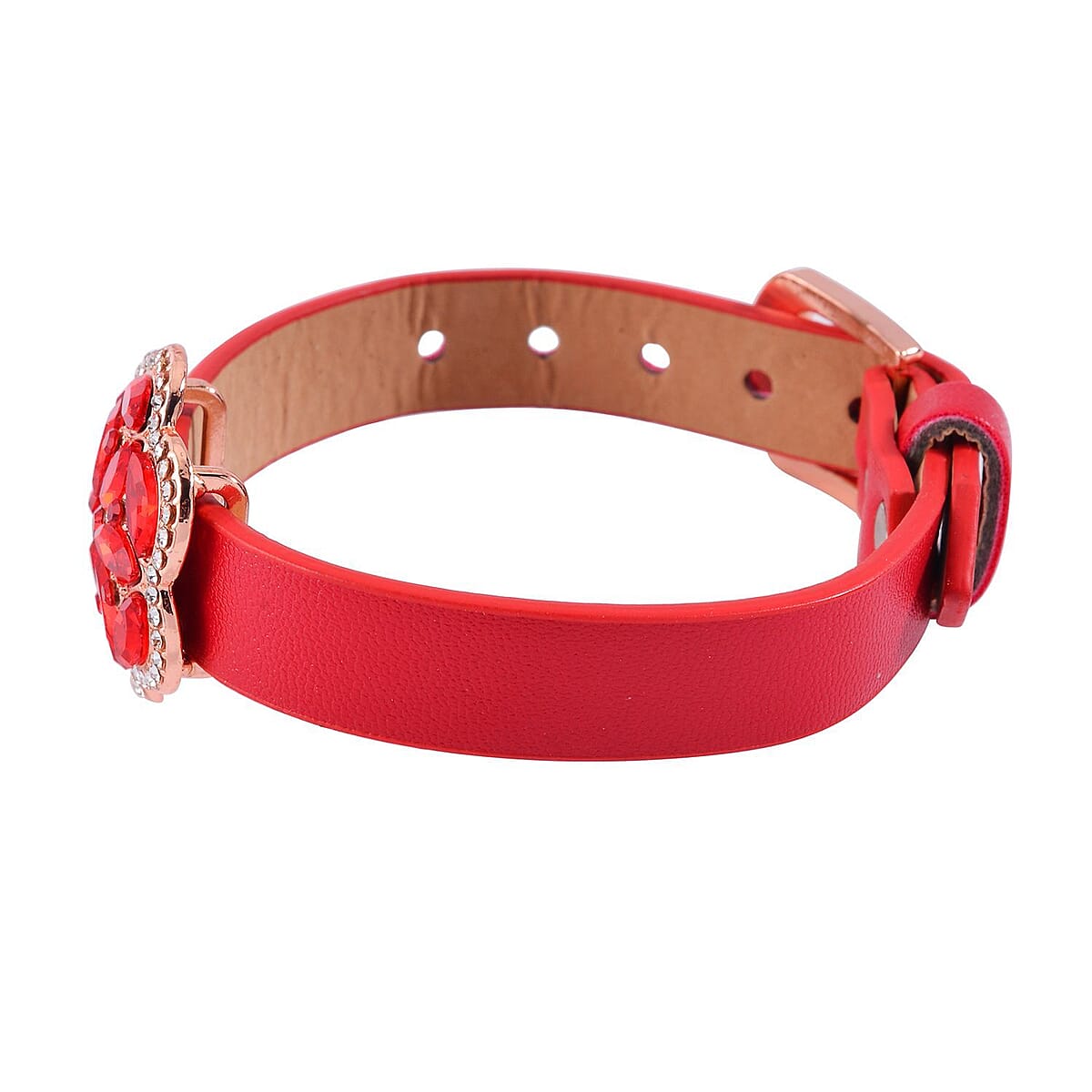 Red and White Austrian Crystal, Faux Leather Floral Bracelet (6-8In), Earrings, Ring (Size 9.0) and Pendant Necklace 20-22 Inches In Rosetone image number 4