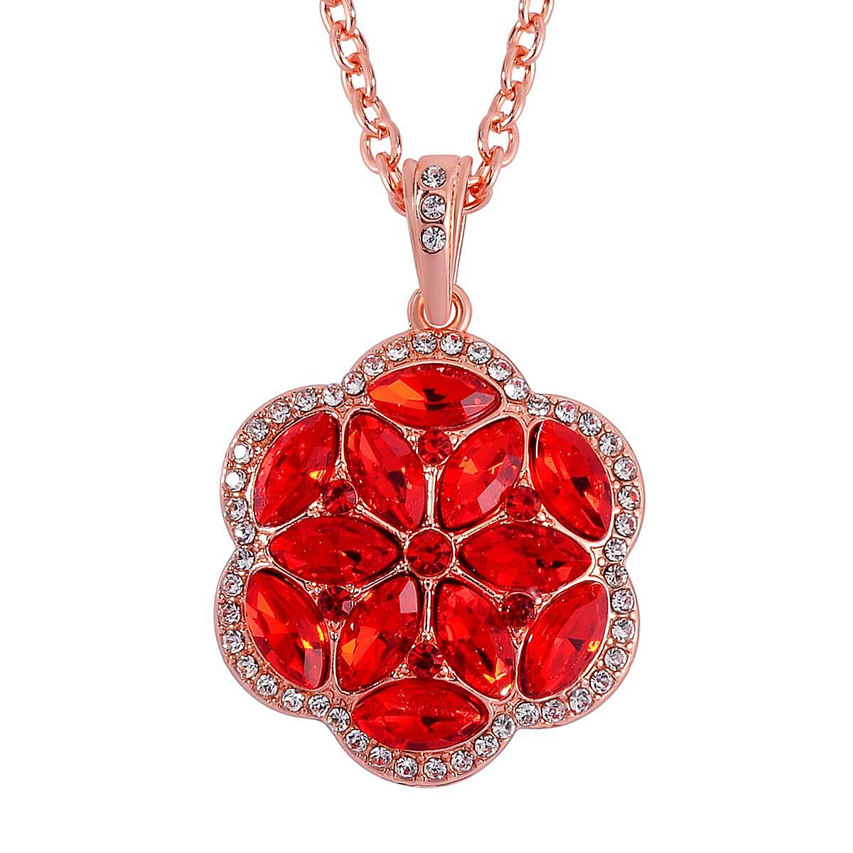 Red and White Austrian Crystal, Faux Leather Floral Bracelet (6-8In), Earrings, Ring (Size 9.0) and Pendant Necklace 20-22 Inches In Rosetone image number 5
