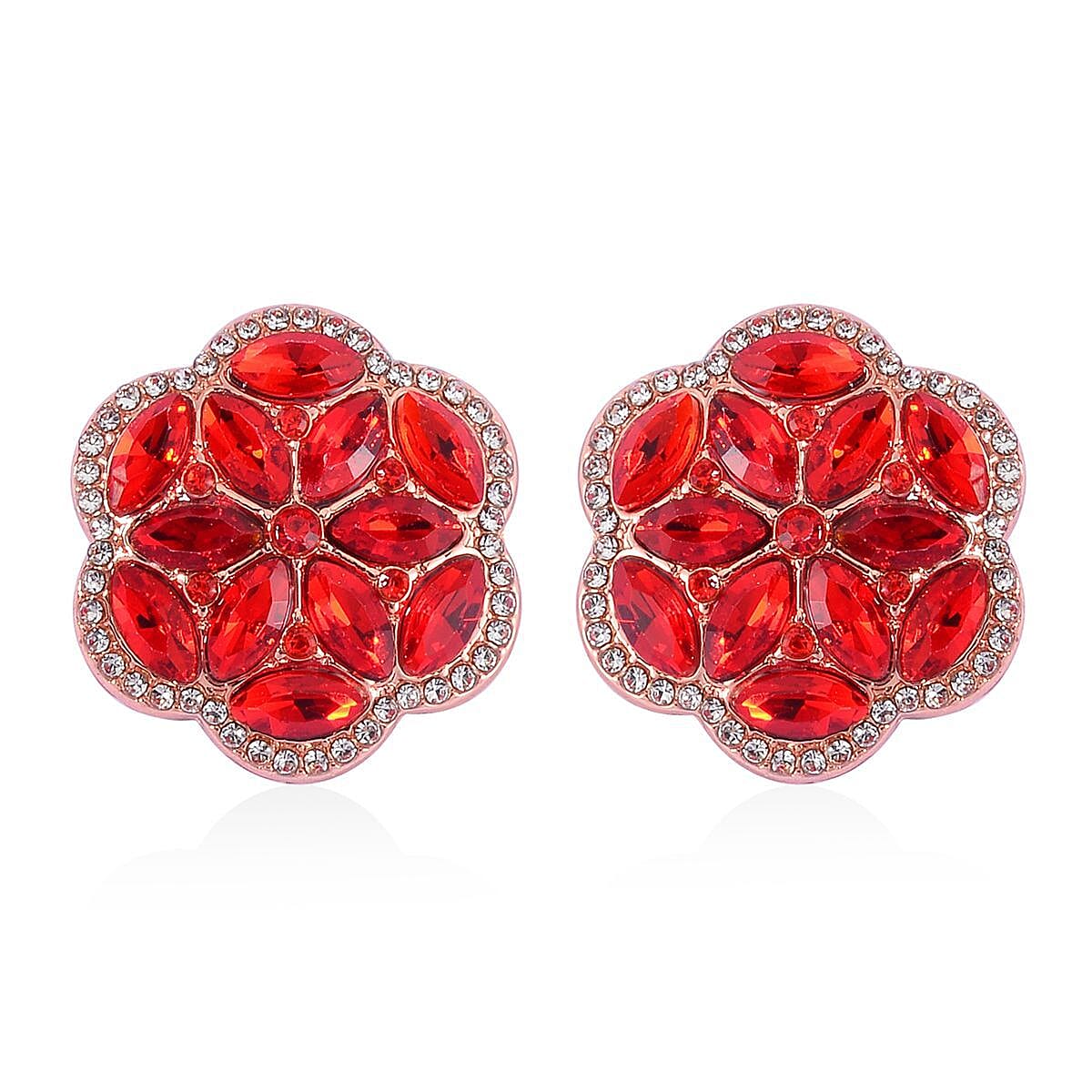 Red and White Austrian Crystal, Faux Leather Floral Bracelet (6-8In), Earrings, Ring (Size 9.0) and Pendant Necklace 20-22 Inches In Rosetone image number 7