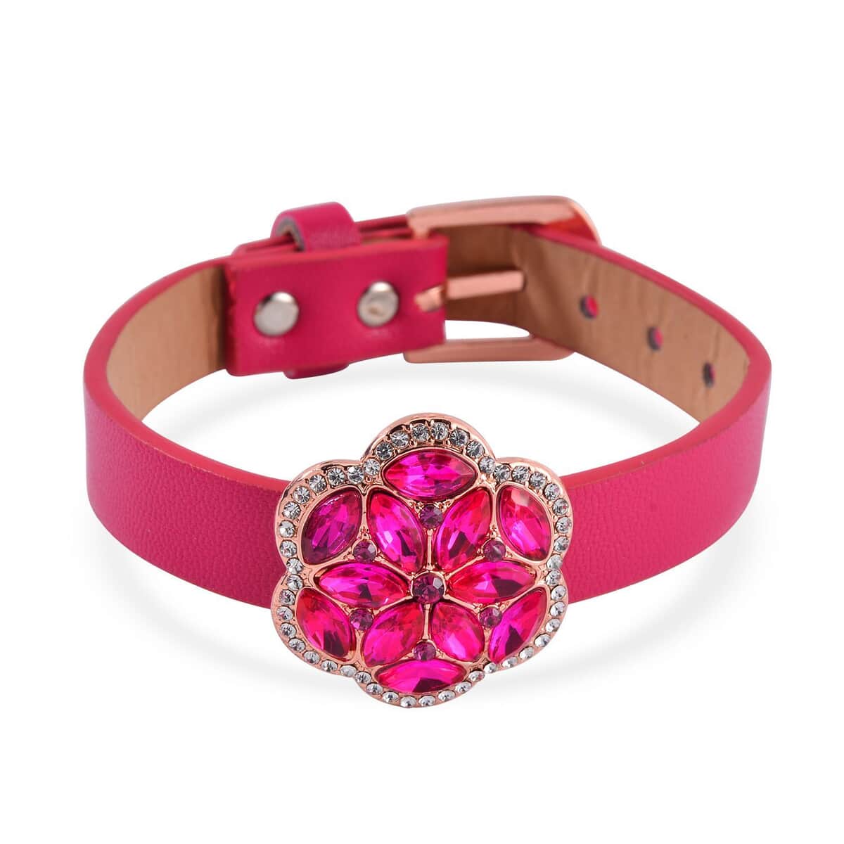 Fuchsia and White Austrian Crystal, Faux Leather Floral Bracelet (6-8In), Earrings, Ring (Size 6.0) and Pendant Necklace 20-22 Inches in Rosetone image number 3