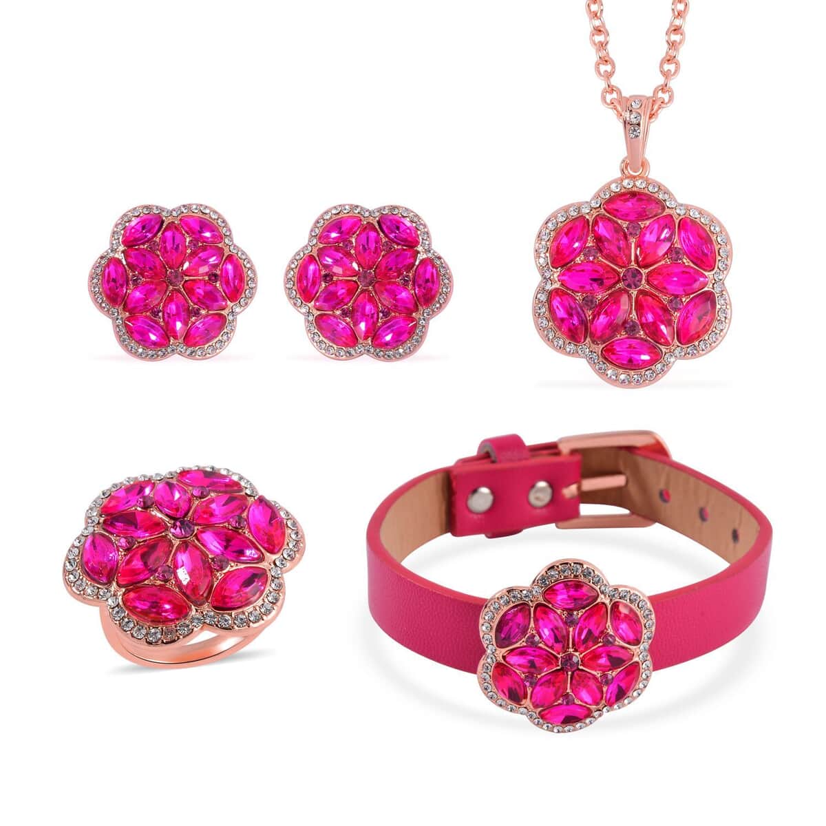 Fuchsia and White Austrian Crystal, Faux Leather Floral Bracelet (6-8In), Earrings, Ring (Size 8.0) and Pendant Necklace 20-22 Inches In Rosetone image number 0
