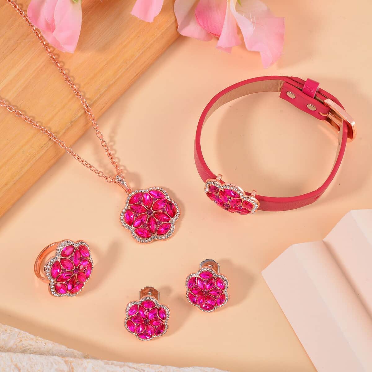 Fuchsia and White Austrian Crystal, Faux Leather Floral Bracelet (6-8In), Earrings, Ring (Size 8.0) and Pendant Necklace 20-22 Inches In Rosetone image number 1