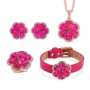 Fuchsia and White Austrian Crystal, Faux Leather Floral Bracelet (6-8In), Earrings, Ring (Size 9.0) and Pendant Necklace 20-22 Inches In Rosetone