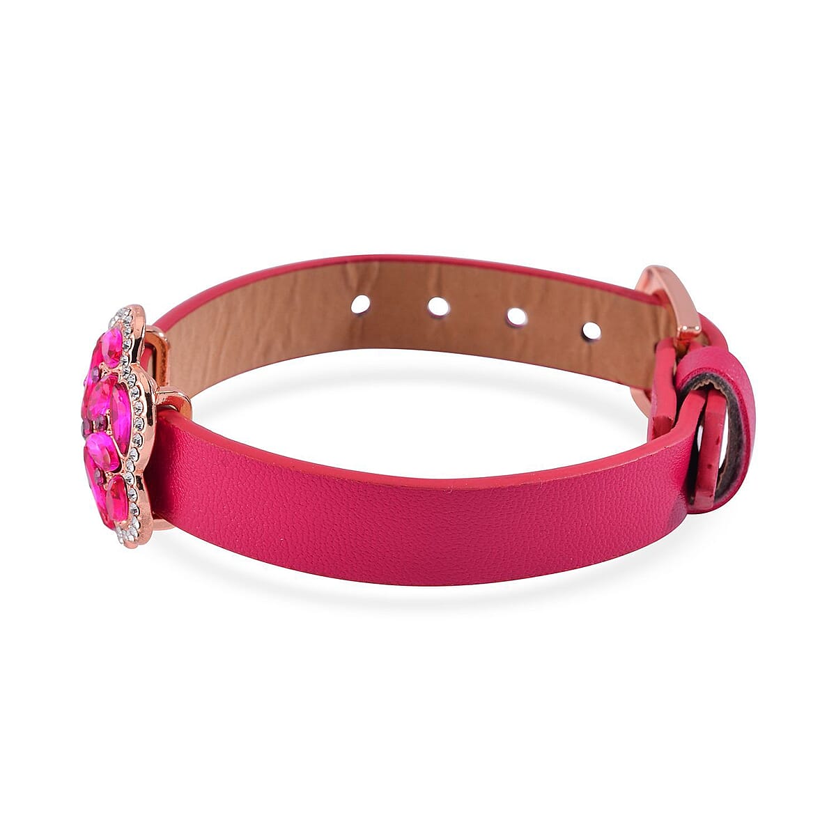 Fuchsia and White Austrian Crystal, Faux Leather Floral Bracelet (6-8In), Earrings, Ring (Size 9.0) and Pendant Necklace 20-22 Inches In Rosetone image number 4