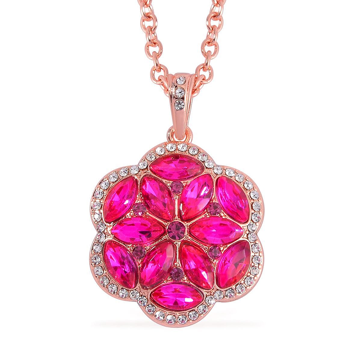 Fuchsia and White Austrian Crystal, Faux Leather Floral Bracelet (6-8In), Earrings, Ring (Size 9.0) and Pendant Necklace 20-22 Inches In Rosetone image number 5