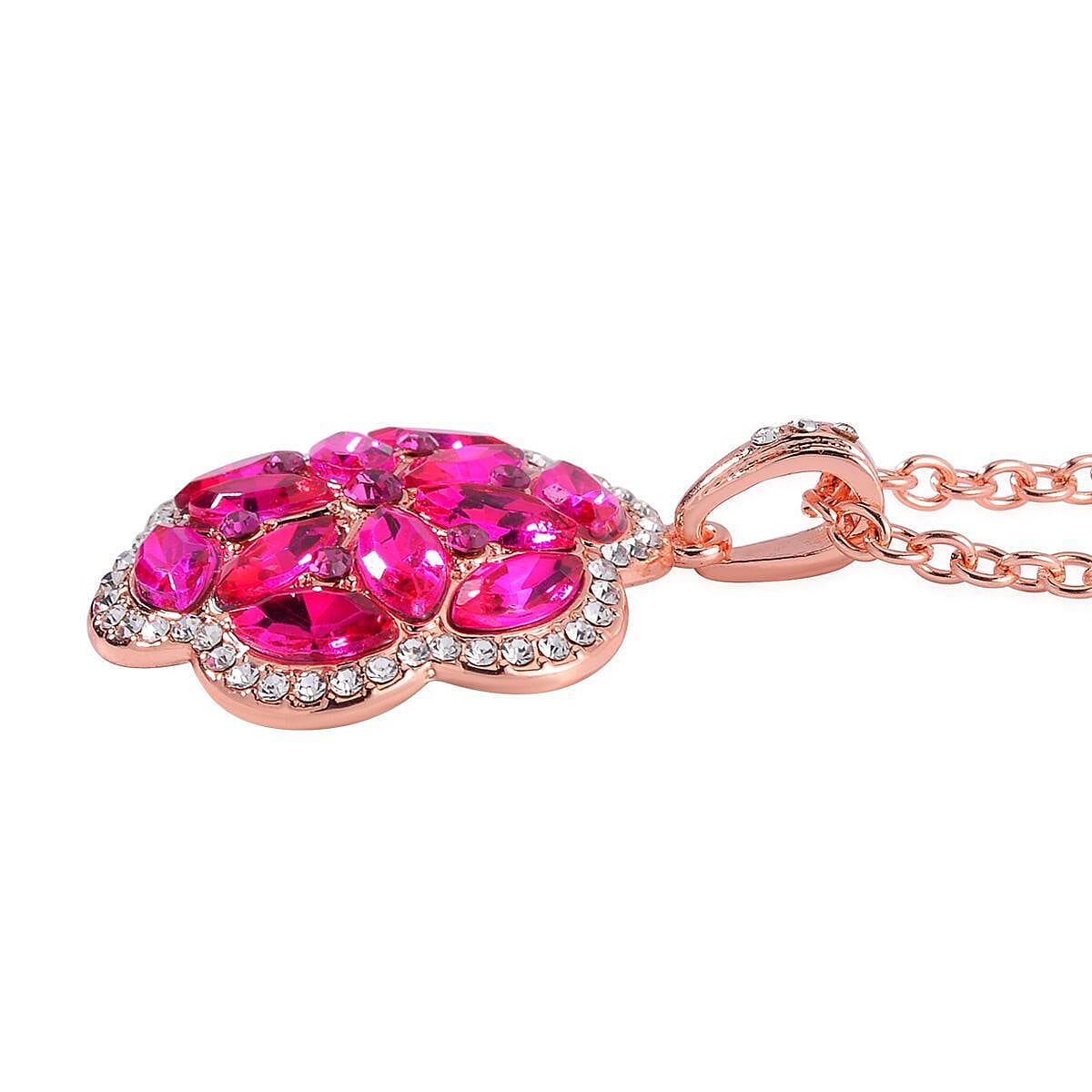 Fuchsia and White Austrian Crystal, Faux Leather Floral Bracelet (6-8In), Earrings, Ring (Size 9.0) and Pendant Necklace 20-22 Inches In Rosetone image number 6