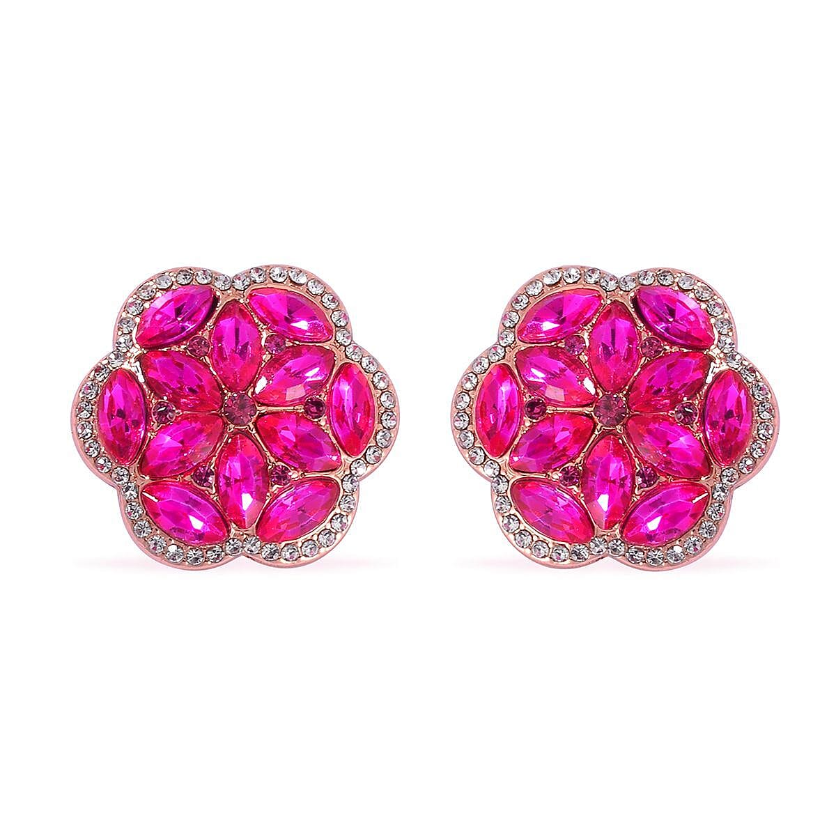 Fuchsia and White Austrian Crystal, Faux Leather Floral Bracelet (6-8In), Earrings, Ring (Size 9.0) and Pendant Necklace 20-22 Inches In Rosetone image number 7