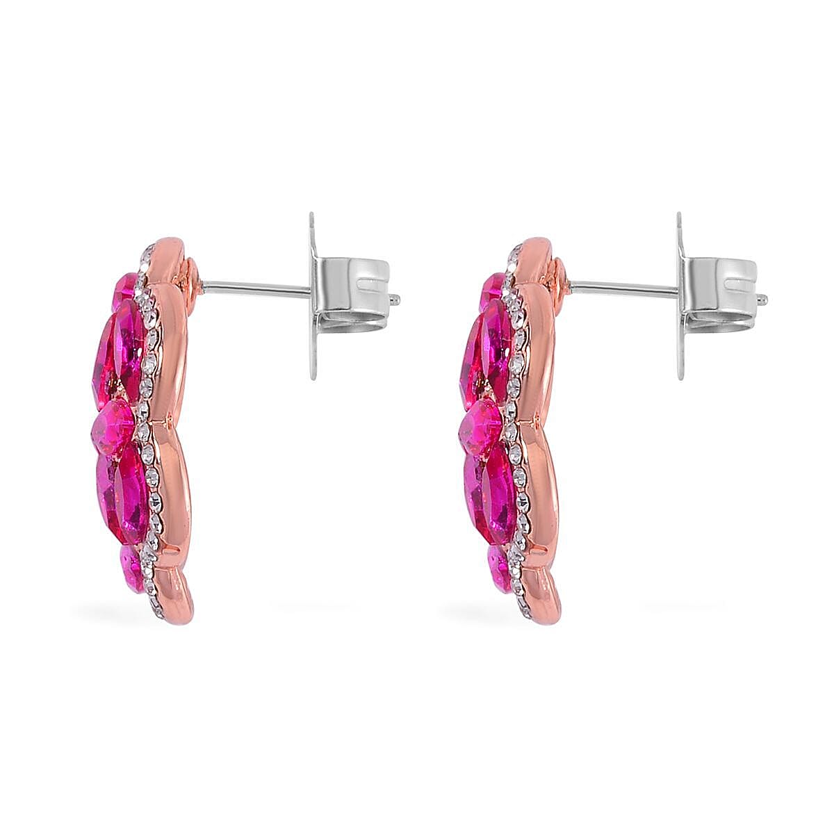 Fuchsia and White Austrian Crystal, Faux Leather Floral Bracelet (6-8In), Earrings, Ring (Size 9.0) and Pendant Necklace 20-22 Inches In Rosetone image number 8