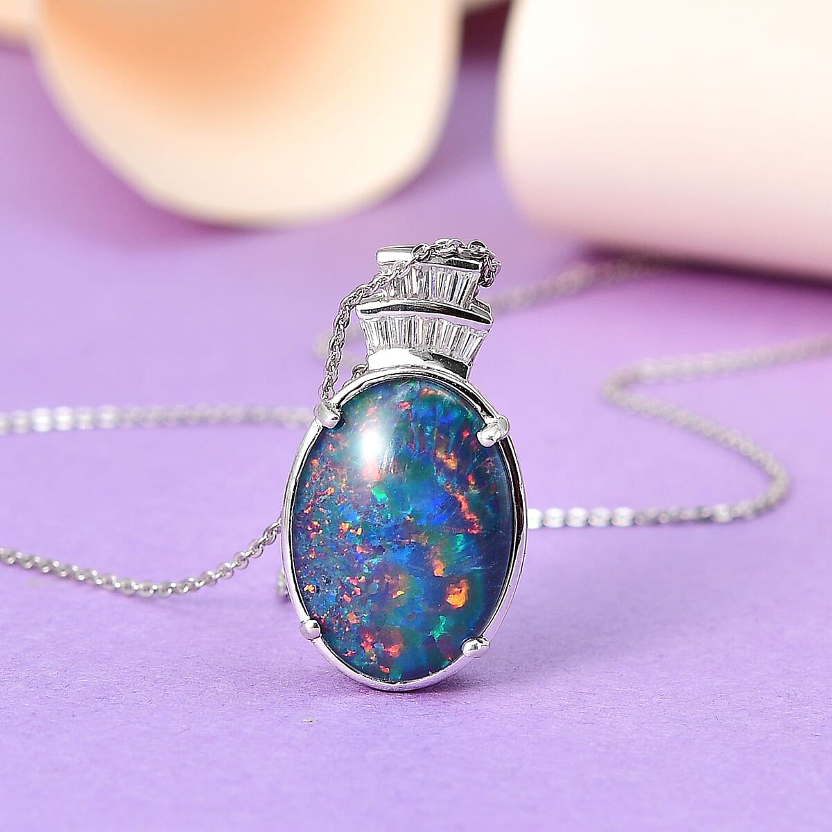 Doorbuster Boulder Opal Triplet and Moissanite Pendant Necklace 20 Inches in Platinum Over Sterling Silver 6.80 ctw image number 1
