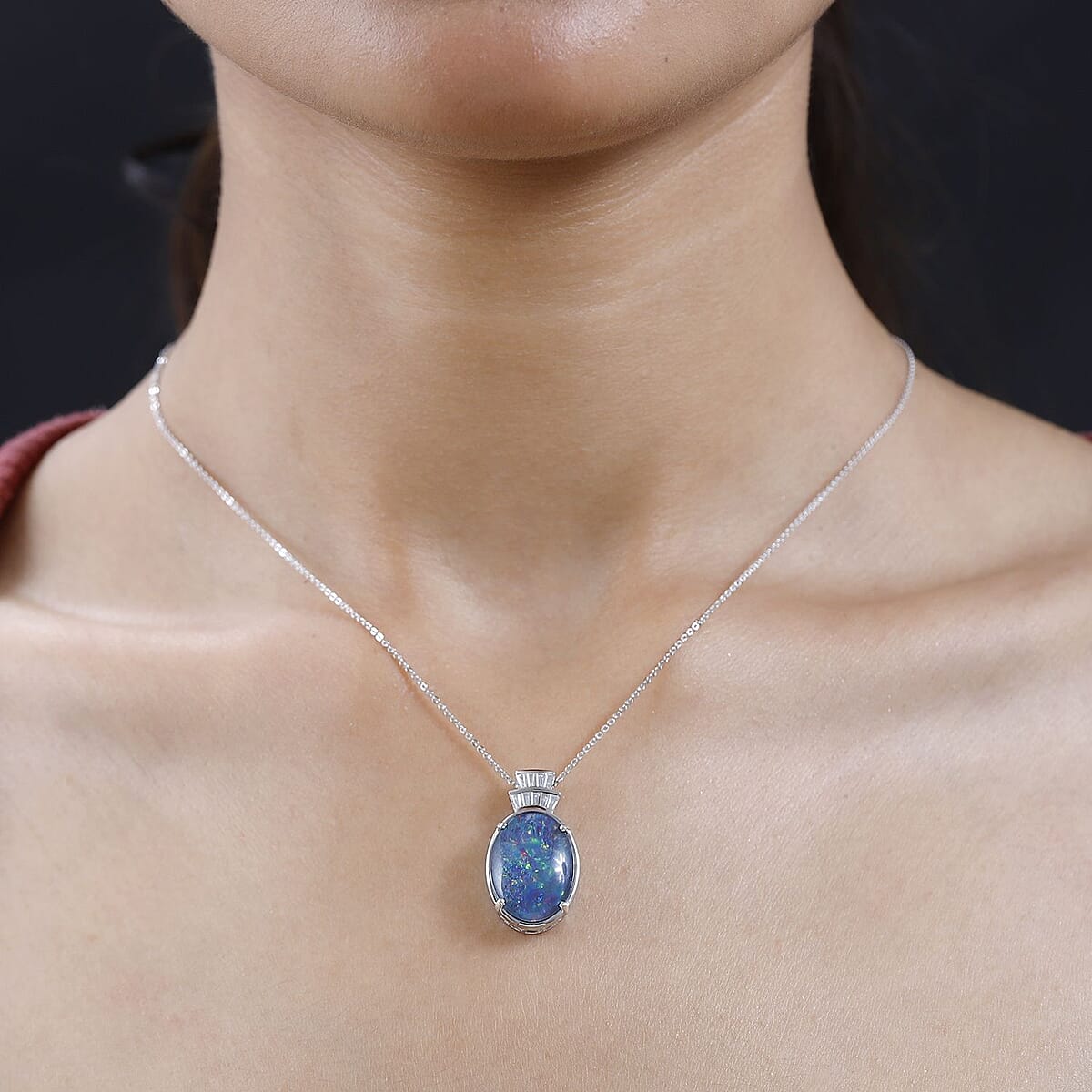 Doorbuster Boulder Opal Triplet and Moissanite Pendant Necklace 20 Inches in Platinum Over Sterling Silver 6.80 ctw image number 2