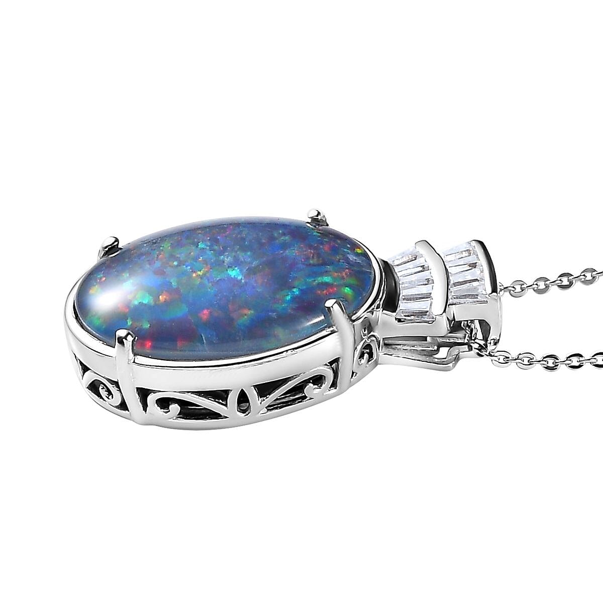 Doorbuster Boulder Opal Triplet and Moissanite Pendant Necklace 20 Inches in Platinum Over Sterling Silver 6.80 ctw image number 3