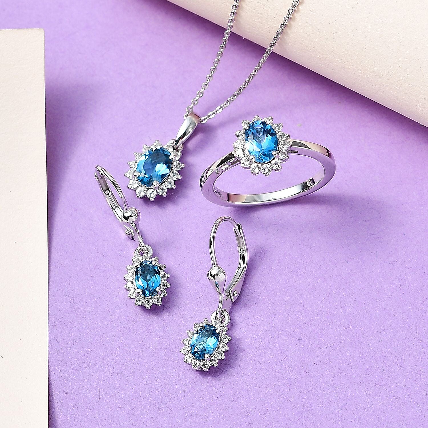 London Blue Topaz, White Topaz Lever Back Earrings, Sunburst Ring (Size 5.0) and Pendant Necklace (20 Inches) in Platinum Over Sterling Silver 3.65 ctw