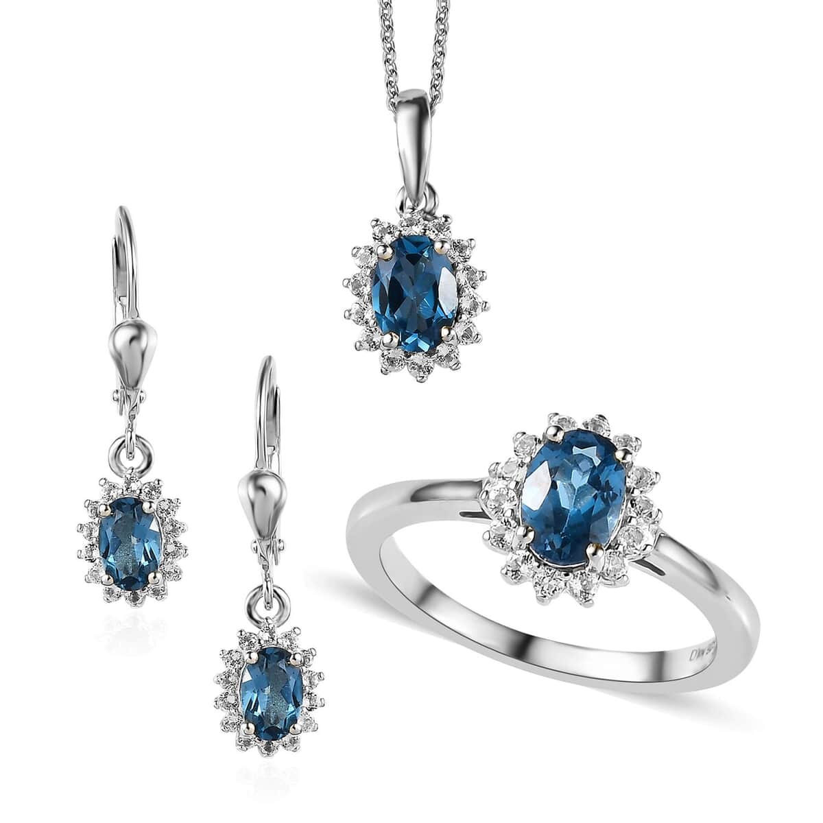 London Blue Topaz, White Topaz Lever Back Earrings, Sunburst Ring (Size 6.0) and Pendant Necklace 20 Inches in Platinum Over Sterling Silver 3.65 ctw image number 0