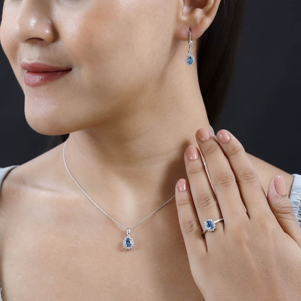 London Blue Topaz, White Topaz Lever Back Earrings, Sunburst Ring (Size 6.0) and Pendant Necklace 20 Inches in Platinum Over Sterling Silver 3.65 ctw image number 4
