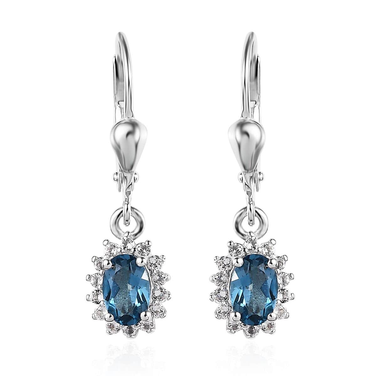 London Blue Topaz, White Topaz Lever Back Earrings, Sunburst Ring (Size 6.0) and Pendant Necklace 20 Inches in Platinum Over Sterling Silver 3.65 ctw image number 11