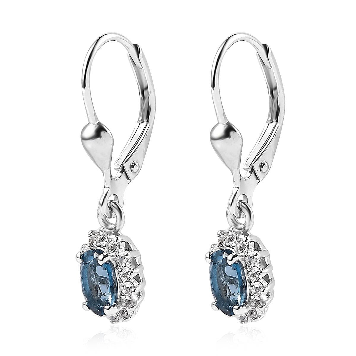 London Blue Topaz and White Topaz Lever Back Earrings, Sunburst Ring (Size 7.0) and Pendant Necklace 20 Inches in Platinum Over Sterling Silver 3.65 ctw image number 2