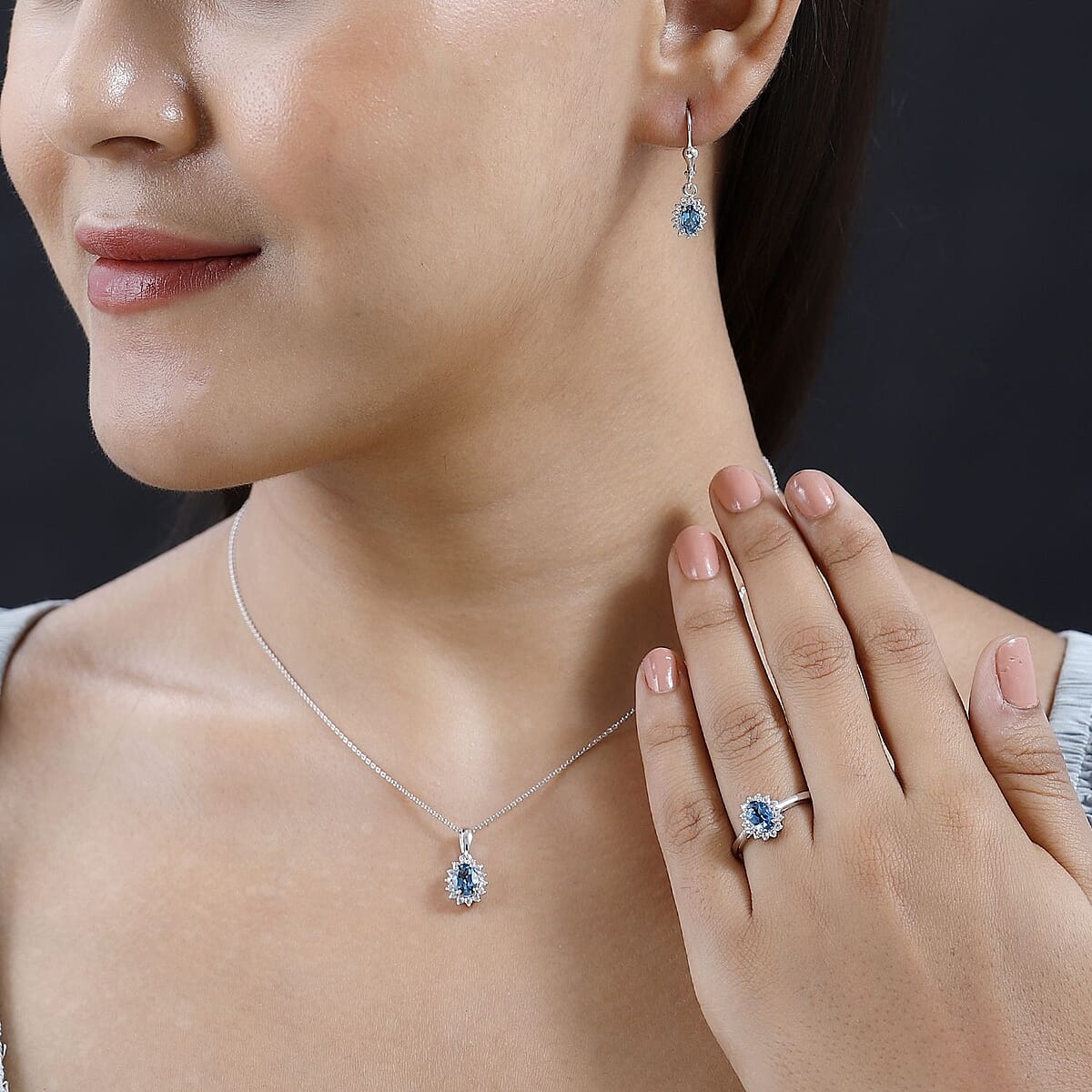 London Blue Topaz and White Topaz Lever Back Earrings, Sunburst Ring (Size 7.0) and Pendant Necklace 20 Inches in Platinum Over Sterling Silver 3.65 ctw image number 4