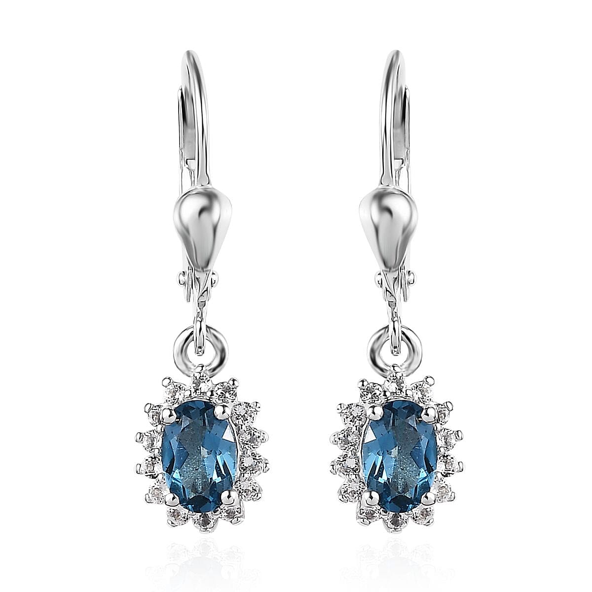 London Blue Topaz and White Topaz Lever Back Earrings, Sunburst Ring (Size 7.0) and Pendant Necklace 20 Inches in Platinum Over Sterling Silver 3.65 ctw image number 11