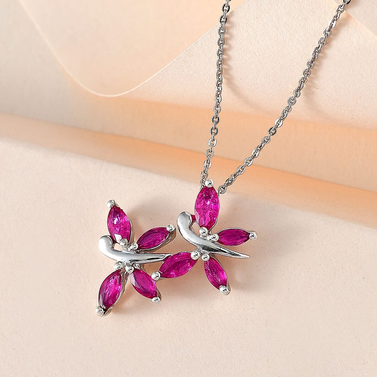 Premium Montepuez Ruby Butterfly Pendant Necklace 20 Inches in Platinum Over Sterling Silver 1.65 ctw image number 1