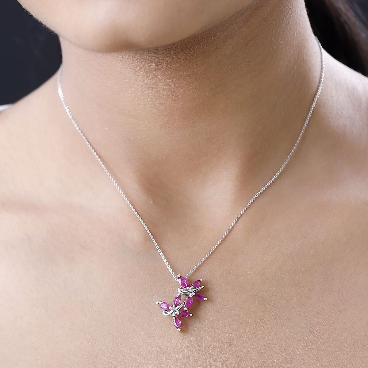 Premium Montepuez Ruby Butterfly Pendant Necklace 20 Inches in Platinum Over Sterling Silver 1.65 ctw image number 2