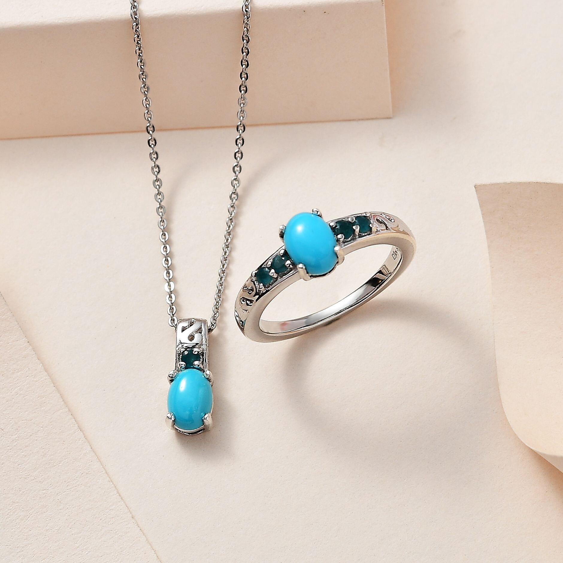 Sleeping Beauty Turquoise and Grandidierite Ring (Size 5.0) and Pendant Necklace 20 Inches in Platinum Over Sterling Silver 1.60 ctw