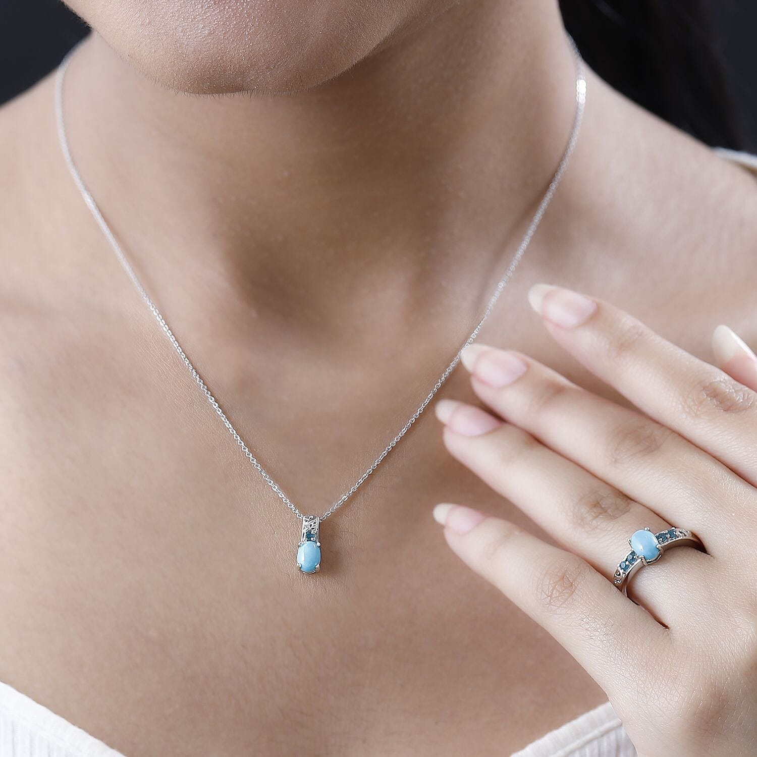 Sleeping Beauty Turquoise and Grandidierite Ring (Size 5.0) and Pendant Necklace 20 Inches in Platinum Over Sterling Silver 1.60 ctw