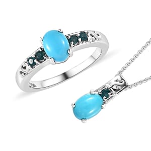 Sleeping Beauty Turquoise and Grandidierite Ring (Size 8.0) and Pendant Necklace 20 Inches in Platinum Over Sterling Silver 1.60 ctw