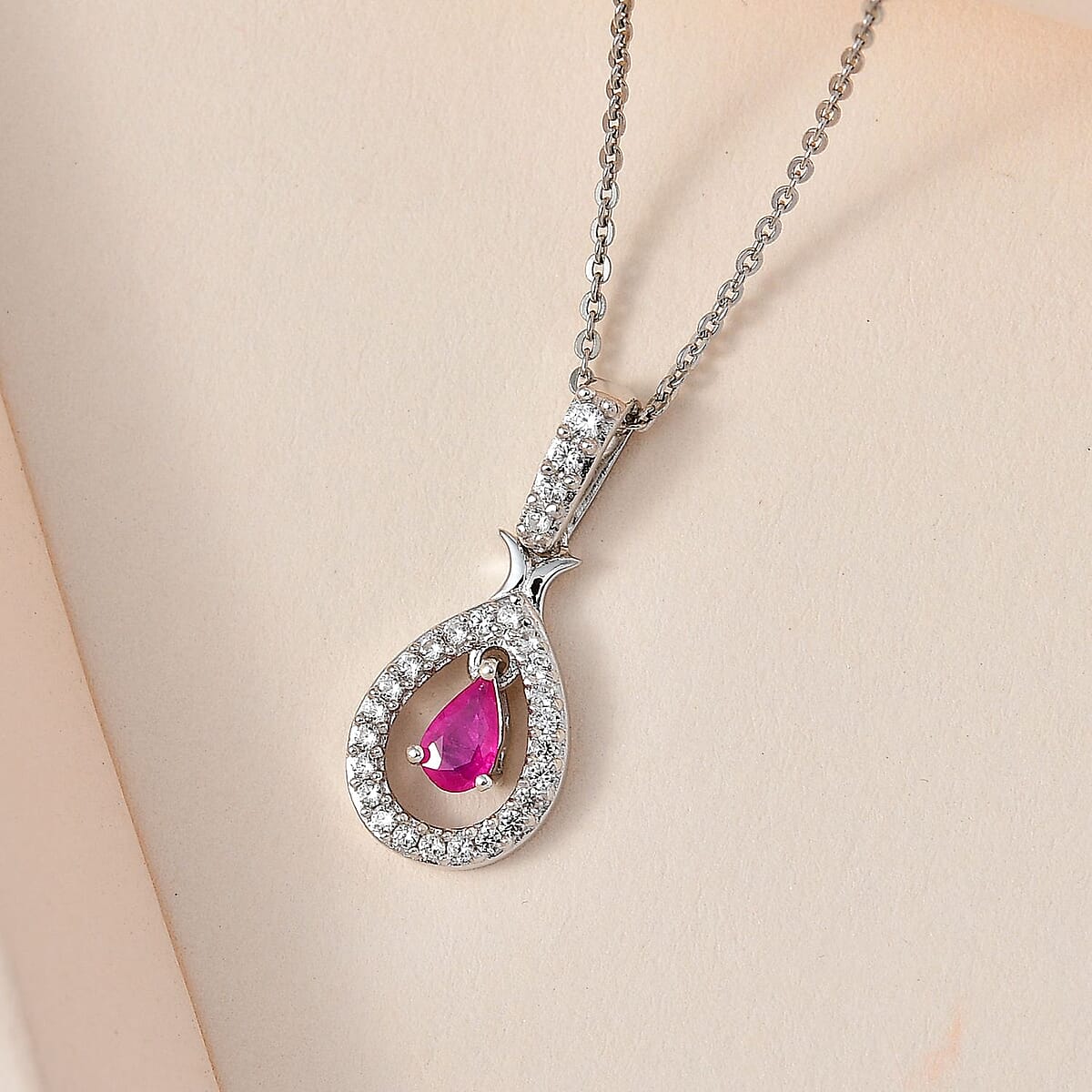 Premium Montepuez Ruby and White Zircon Teardrop Pendant Necklace 20 Inches in Platinum Over Sterling Silver 0.50 ctw image number 1