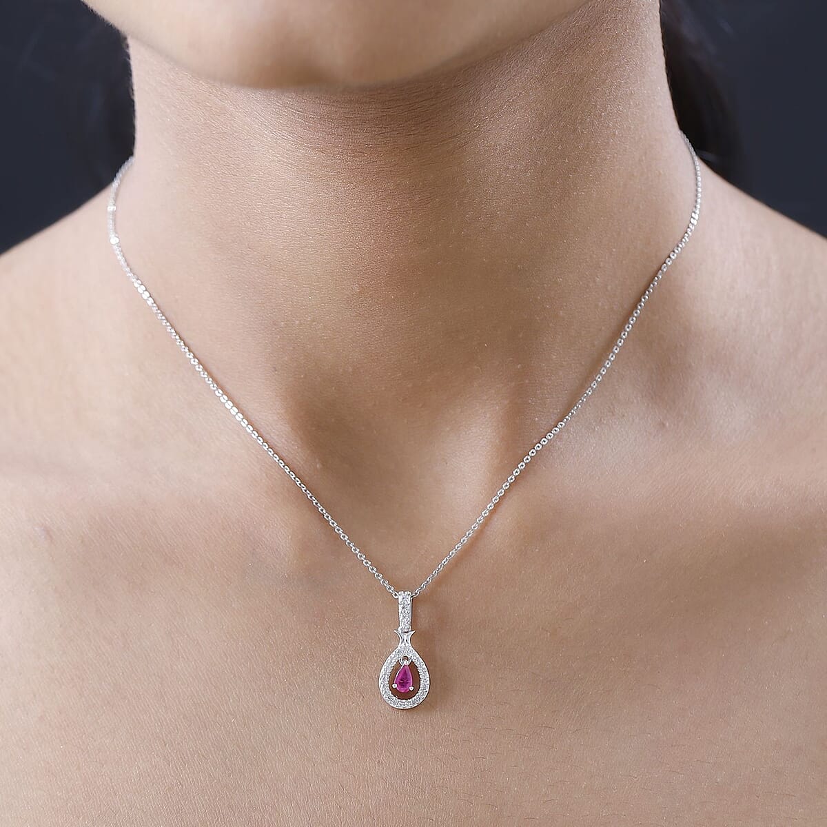 Premium Montepuez Ruby and White Zircon Teardrop Pendant Necklace 20 Inches in Platinum Over Sterling Silver 0.50 ctw image number 2