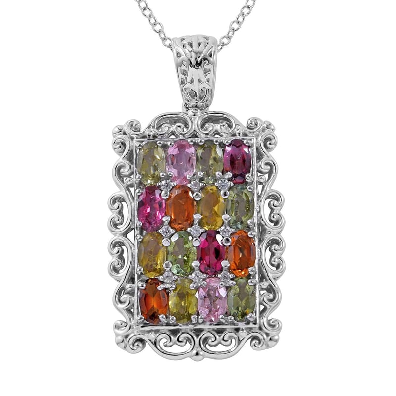 Multi Tourmaline and White Zircon Elongated Pendant Necklace 18 Inches in Platinum Over Sterling Silver 3.85 ctw