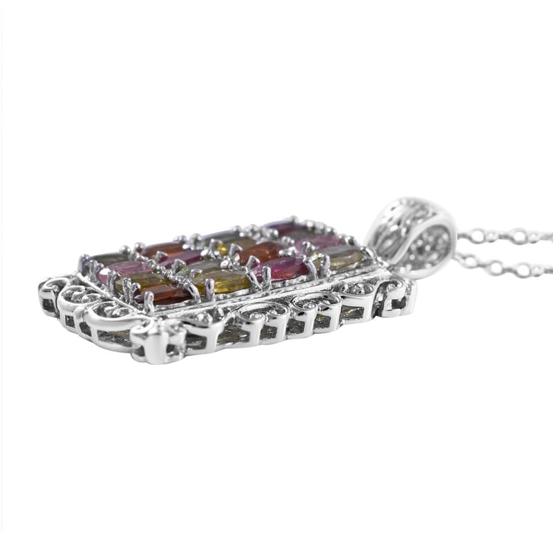 Multi Tourmaline and White Zircon Elongated Pendant Necklace 18 Inches in Platinum Over Sterling Silver 3.85 ctw