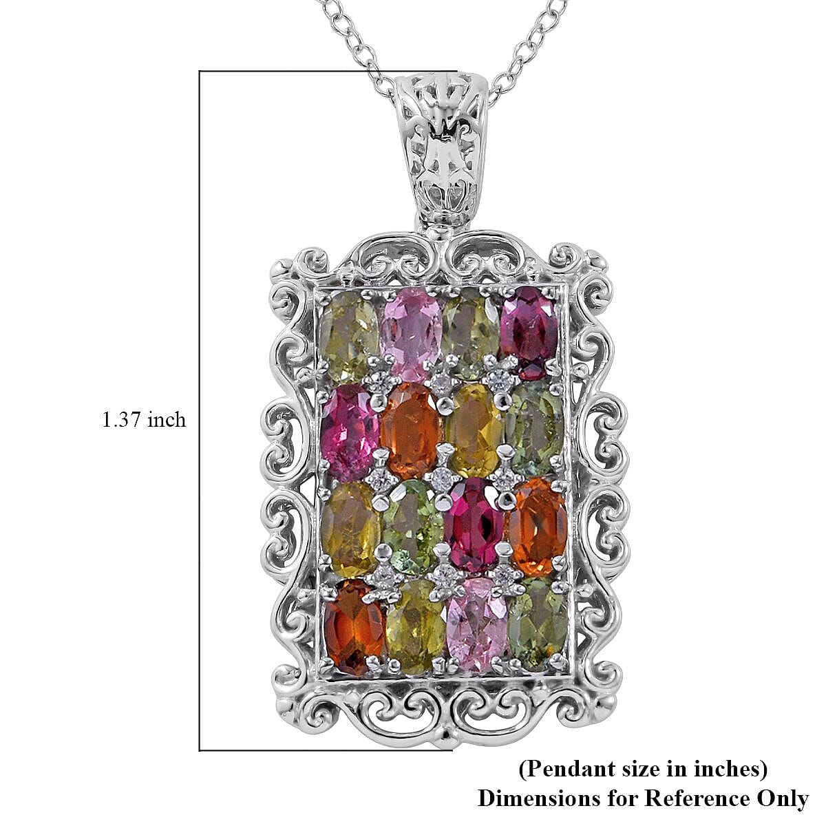 Doorbuster Multi Tourmaline, White Zircon Elongated Pendant Necklace (18 Inches) in Platinum Over Sterling Silver 3.85 ctw image number 5