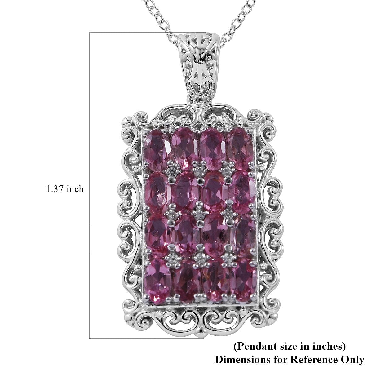 Shade of Pink Tourmaline and White Zircon Elongated Pendant Necklace 18 Inches in Platinum Over Sterling Silver 3.85 ctw image number 5