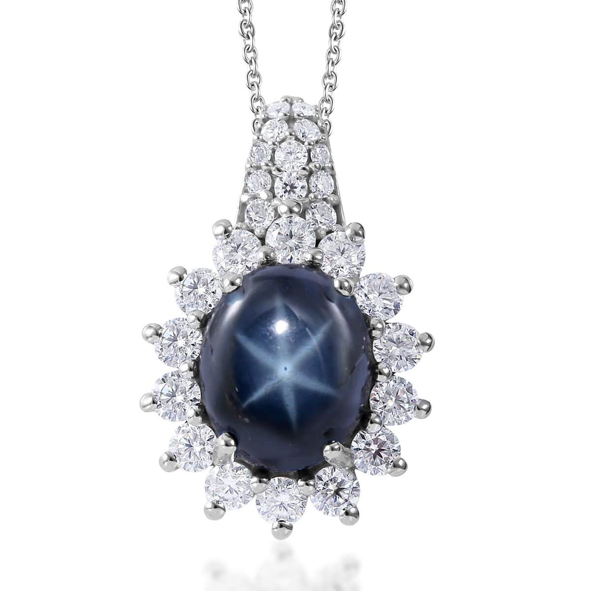 Blue Star Sapphire (DF) and Moissanite Sunburst Pendant Necklace 18 Inches in Platinum Over Sterling Silver 7.40 ctw image number 0