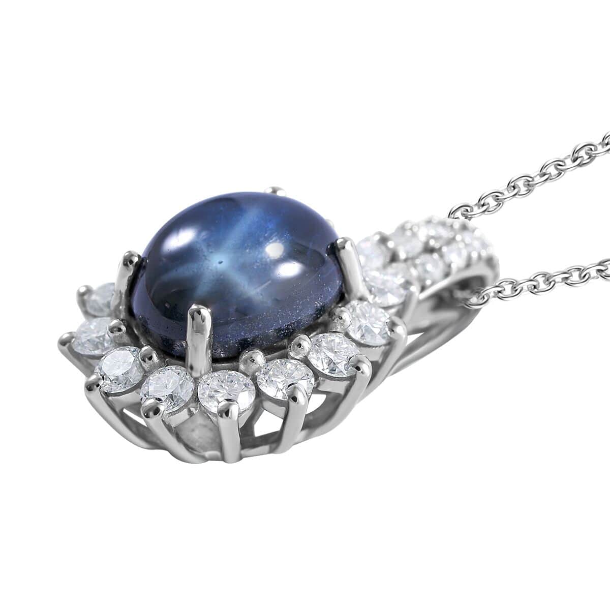 Blue Star Sapphire (DF) and Moissanite Sunburst Pendant Necklace 18 Inches in Platinum Over Sterling Silver 7.40 ctw image number 2