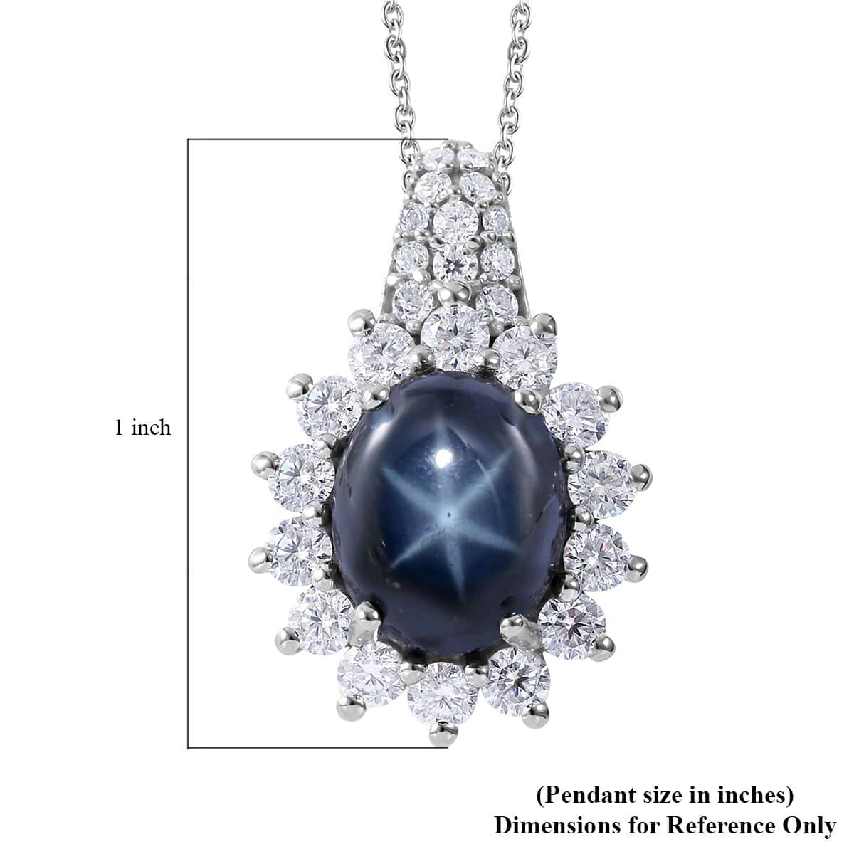 Blue Star Sapphire (DF) and Moissanite Sunburst Pendant Necklace 18 Inches in Platinum Over Sterling Silver 7.40 ctw image number 4