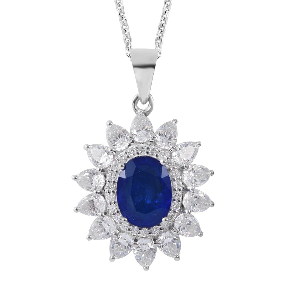 Premium Tanzanian Blue Spinel (DF) and Moissanite Floral Pendant Necklace 18 Inches in Platinum Over Sterling Silver 4.65 ctw image number 0