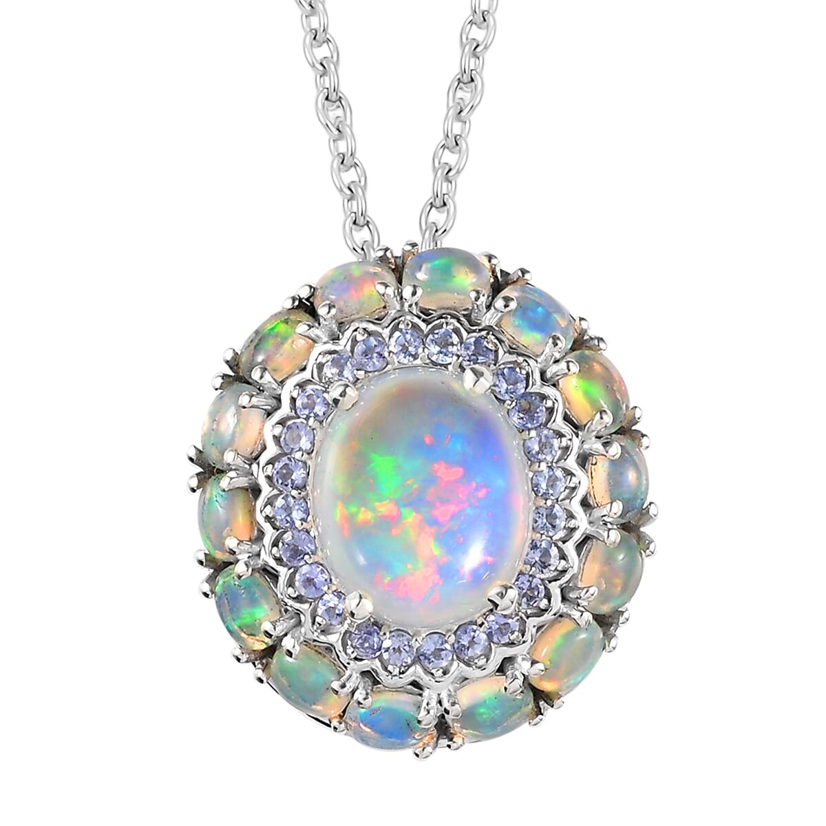 TLV Premium Ethiopian Welo Opal, Tanzanite Cocktail Pendant Necklace (20 Inches) in Platinum Over Sterling Silver 5.20 Carat Total Weight image number 0